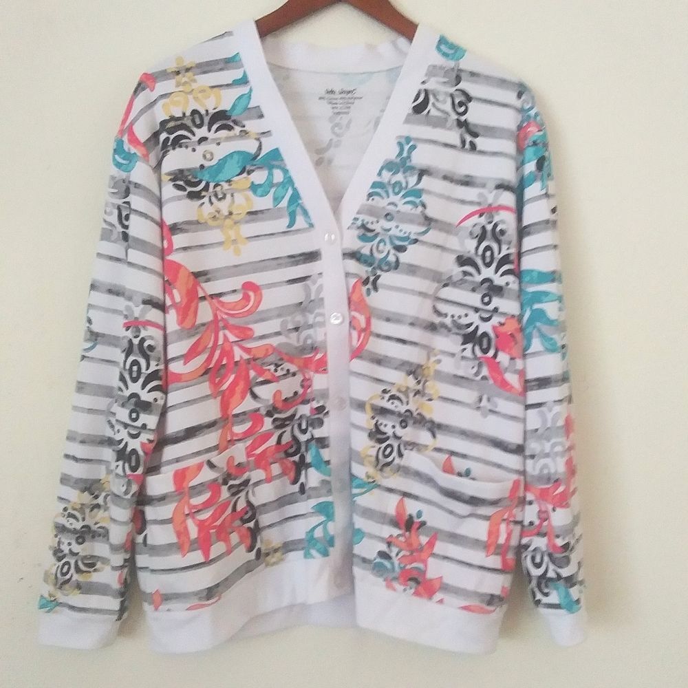 Vicki Wayne Colorful Print V-neck Cardigan, Pockets, Womens Large